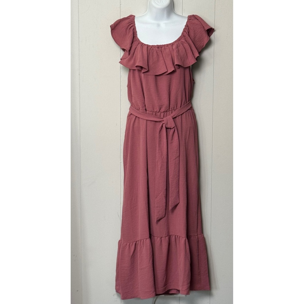 NWT DKNY Women's Mauve Ruffle Off Shoulder Tiered Midi Dress Size 12